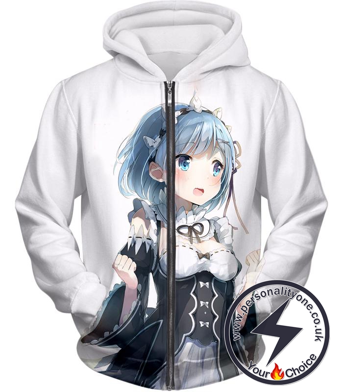 Re:Zero Cute Anime Girl Maid Rem White Zip Up Hoodie